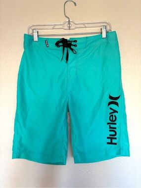 Hurley Men's Solid Teal Boardshorts with Side Logo Size 28 Beach Surf Coastal